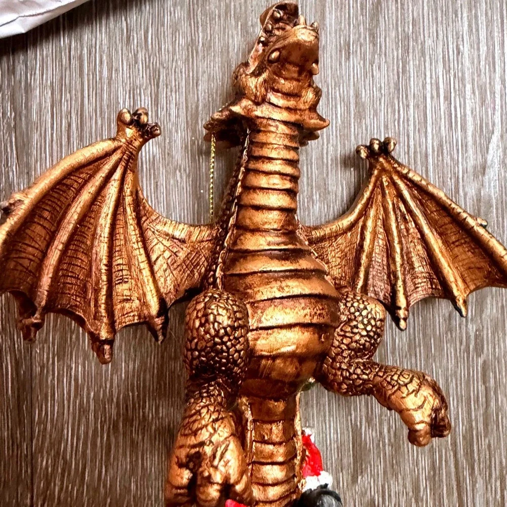 Santa Riding Dragon Christmas Ornament Bronze Fantasy Holiday Decor Mythical